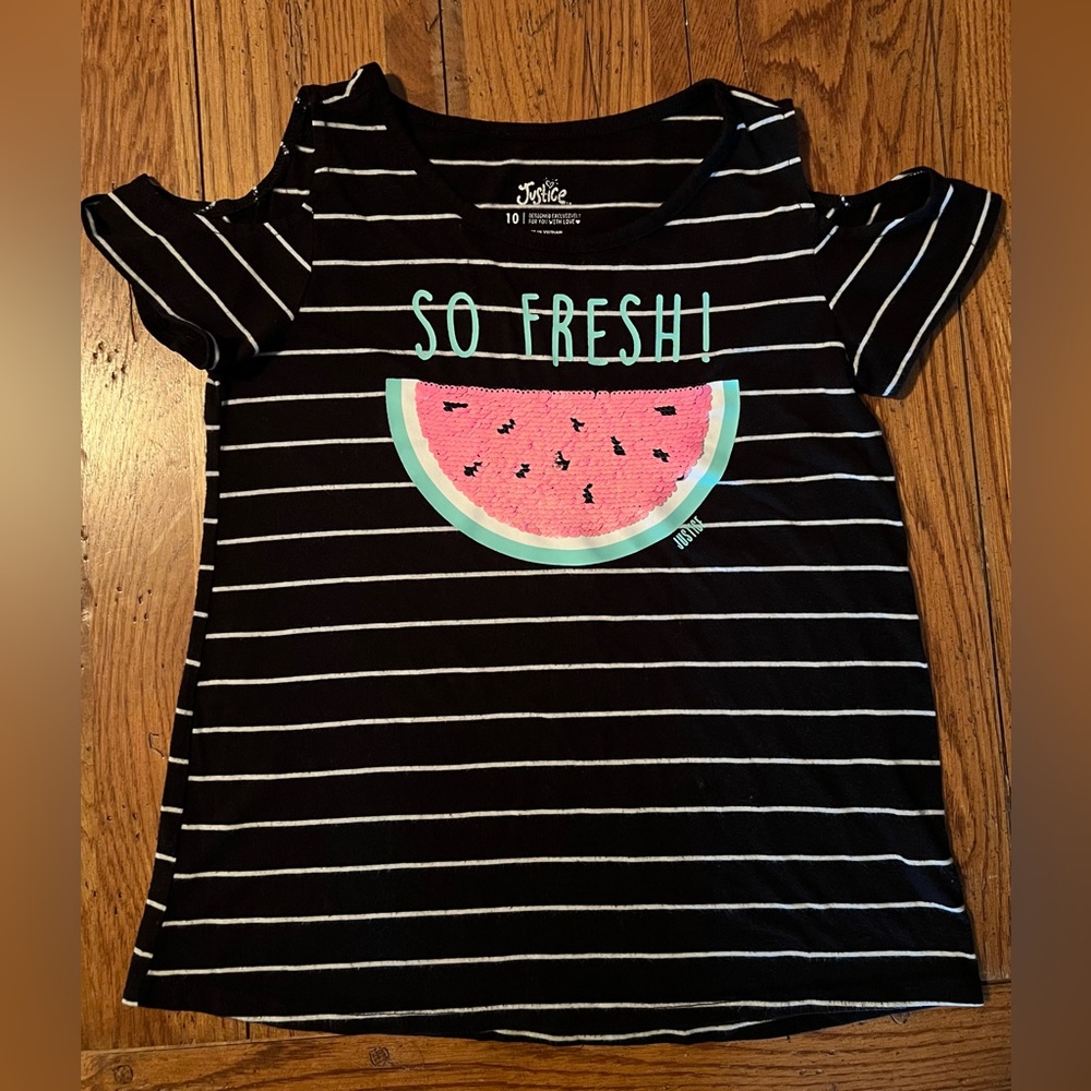 Justice Watermelon ‘So Fresh’ Sequin Top! Girls Size 10. 🍉